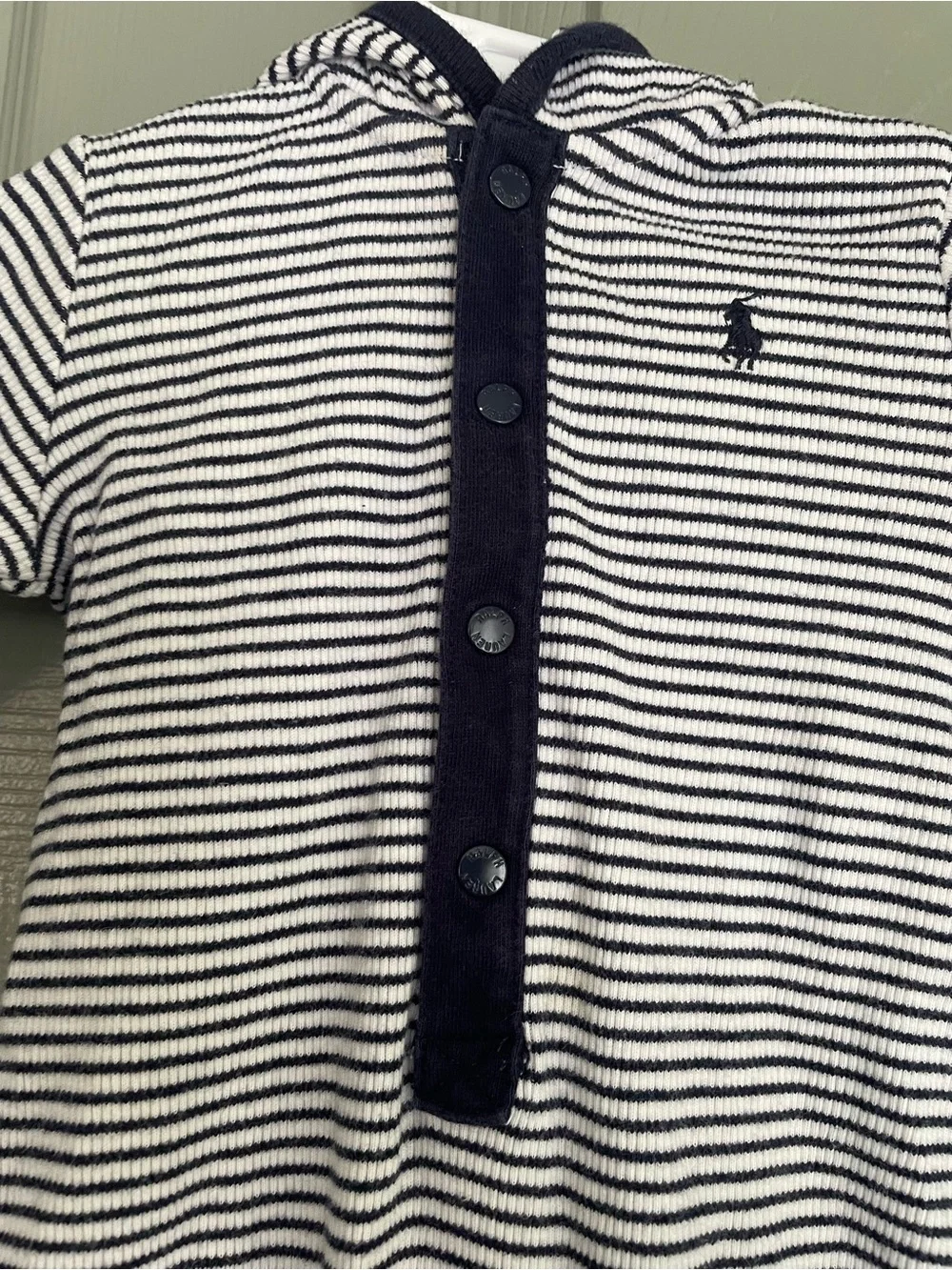 Ralph Lauren Navy and White Striped Hooded One-Piece Size 6m Romper